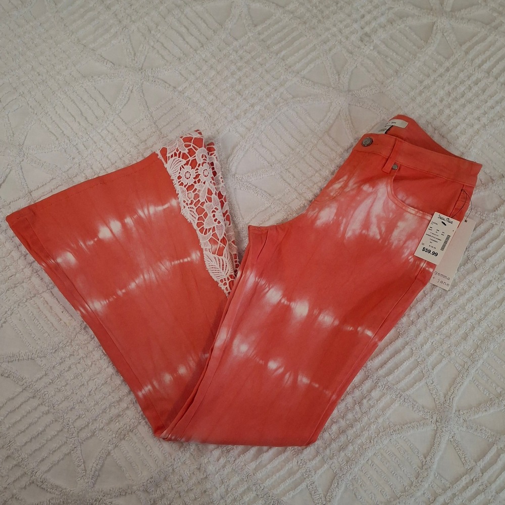 Gemma+Jane Womens 6 Flare Jeans Coral Tie Dye Crochet Lace Bell Bottoms NWT
